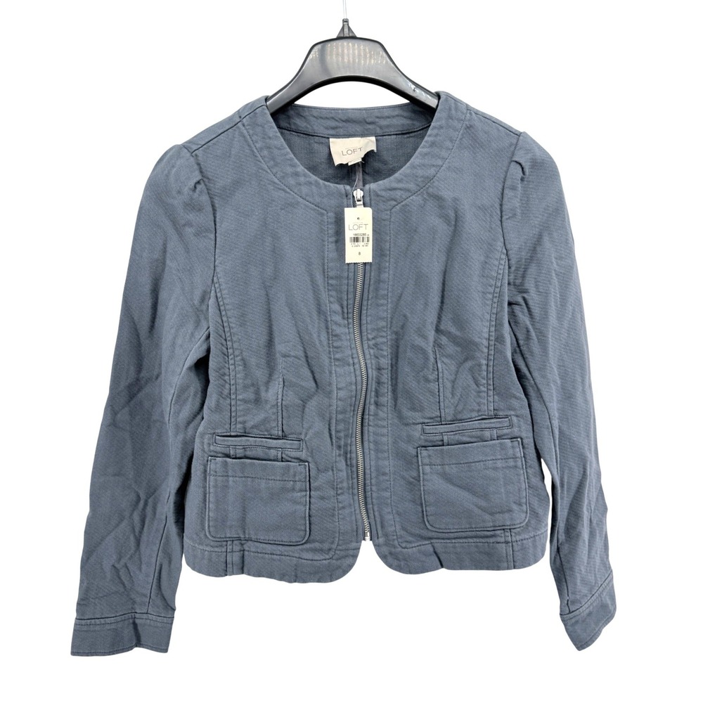 NEW Ann Taylor Loft Jacket Womens 8 Zip-Up Blue Gray Cotton Collarless Pockets